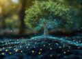 Digital Tree of Life Merging Nature and Technology in a Futuristic Landscape  | Premium AI-generated image