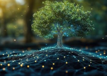 Digital Tree of Life Merging Nature and Technology in a Futuristic Landscape  | Premium AI-generated image